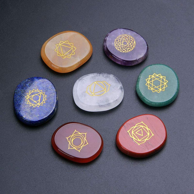 TGS Gems 7 Chakra Stones set - Reiki Healing Crystal With Engraved Chakra Symbols - Image 2